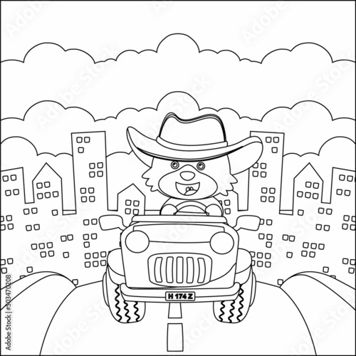 Cute bear cartoon having fun driving off road car on sunny day. Cartoon isolated vector illustration, Creative vector Childish design for kids activity colouring book or page.
