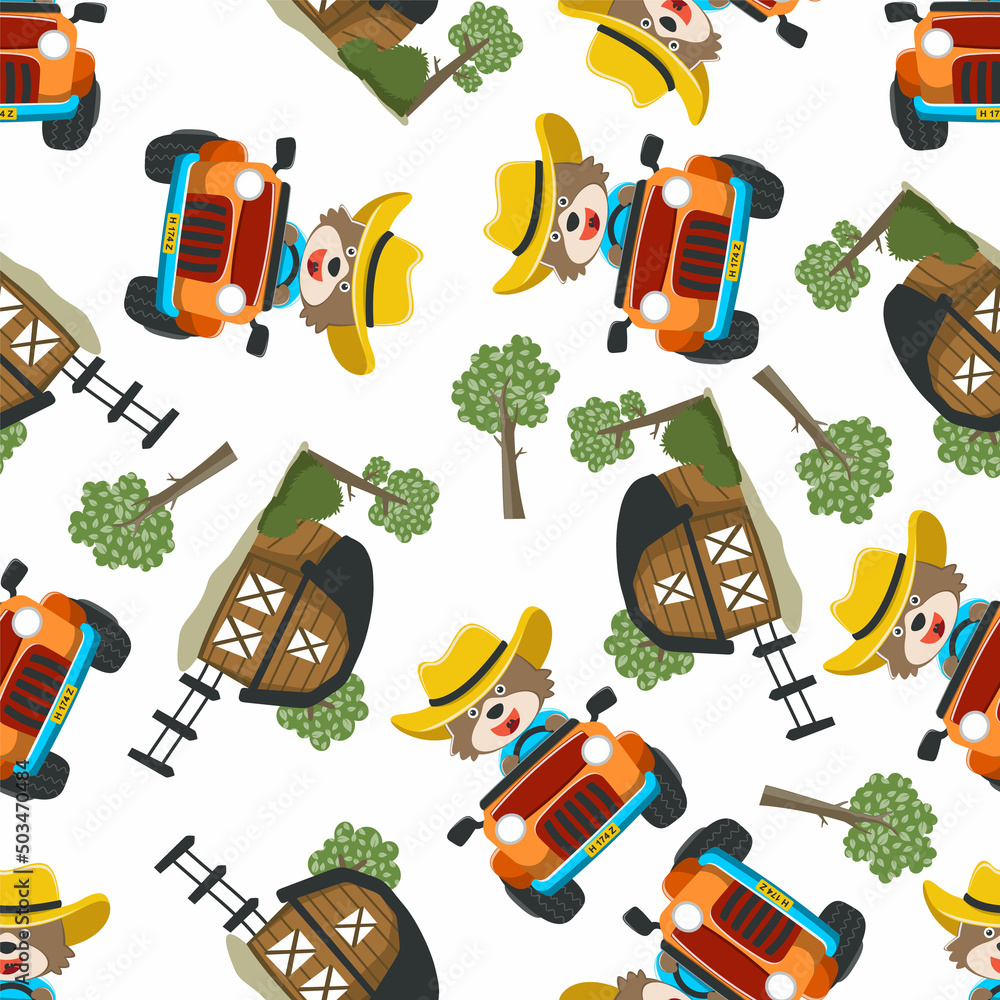 seamless pattern of cute bear having fun driving off road car on sunny day. Creative vector childish background for fabric, textile, nursery wallpaper, t-shirt print, kids wear, and other decoration.