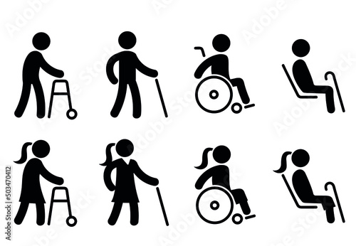 Icons that represent people with disabilities. Handicapped men and women