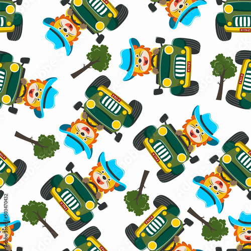 seamless pattern of cute lion having fun driving off road car on sunny day. Creative vector childish background for fabric  textile  nursery wallpaper  t-shirt print  kids wear  and other decoration.