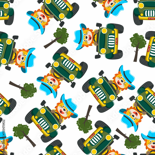 seamless pattern of cute lion having fun driving off road car on sunny day. Creative vector childish background for fabric, textile, nursery wallpaper, t-shirt print, kids wear, and other decoration.
