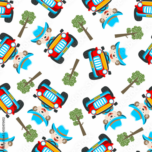 seamless pattern of cute monkey having fun driving off road car on sunny day. Creative vector childish background for fabric, textile, nursery wallpaper, t-shirt print, and other decoration.