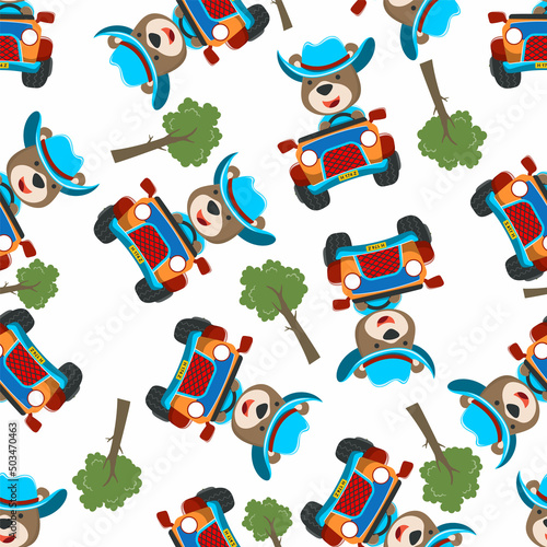 seamless pattern of cute bear having fun driving off road car on sunny day. Creative vector childish background for fabric, textile, nursery wallpaper, t-shirt print, kids wear, and other decoration.