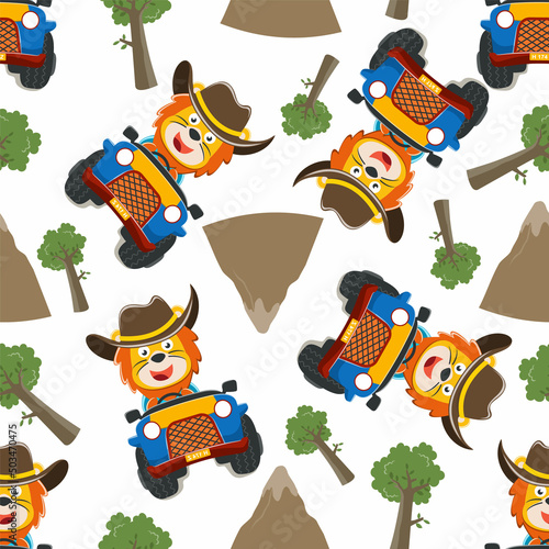 seamless pattern of cute lion having fun driving off road car on sunny day. Creative vector childish background for fabric, textile, nursery wallpaper, t-shirt print, kids wear, and other decoration.