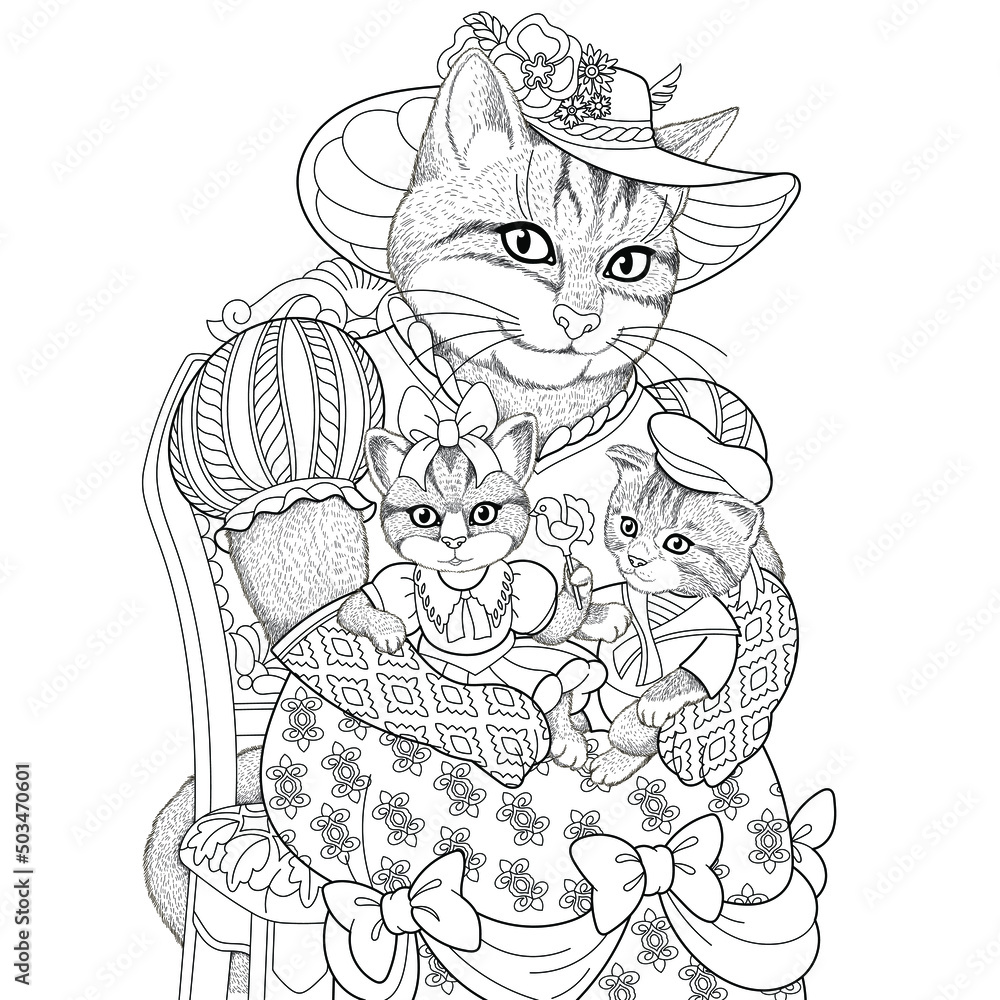 Cat girl portrait. Fantasy animal coloring book page for adults