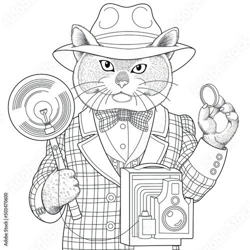 Cat man portrait. Fantasy animal coloring book page for adults