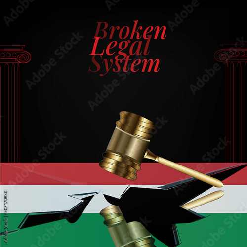 Hungary's broken legal system concept art.Flag of Hungary and a gavel