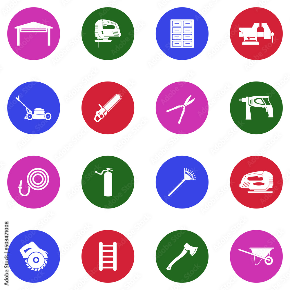 Home Workshop Icons. White Flat Design In Circle. Vector Illustration. Home Workshop Icons. White Flat Design In Circle. Vector Illustration.