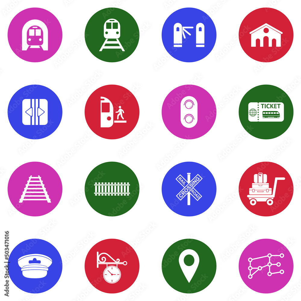 Railway Icons. White Flat Design In Circle. Vector Illustration. Railway Icons. White Flat Design In Circle. Vector Illustration.