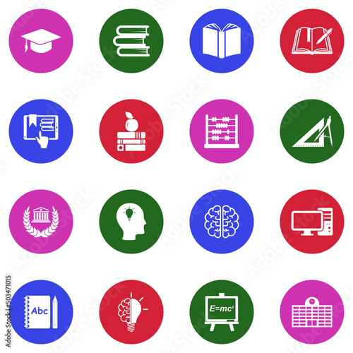 Education Icons. White Flat Design In Circle. Vector Illustration.