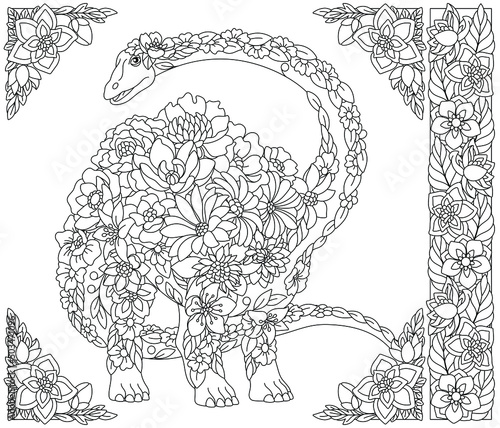 Adult coloring book page. Floral diplodocus dinosaur. Ethereal animal consisting of flowers and leaves