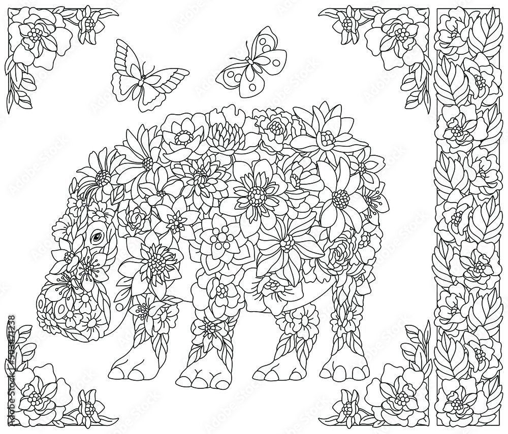 Fototapeta premium Adult coloring book page. Floral hippo. Ethereal animal consisting of flowers, leaves and butterflies