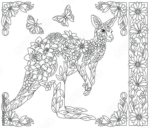 Adult coloring book page. Floral kangaroo. Ethereal animal consisting of flowers, leaves and butterflies