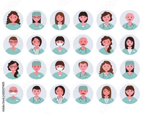 People portraits of males, females doctor and nurse. Men and women face avatars isolated at round icons set. Flat vector illustration