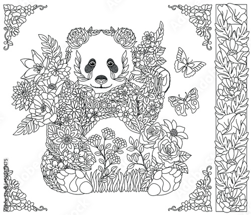 Adult coloring book page. Floral panda bear. Ethereal animal consisting of flowers, leaves and butterflies