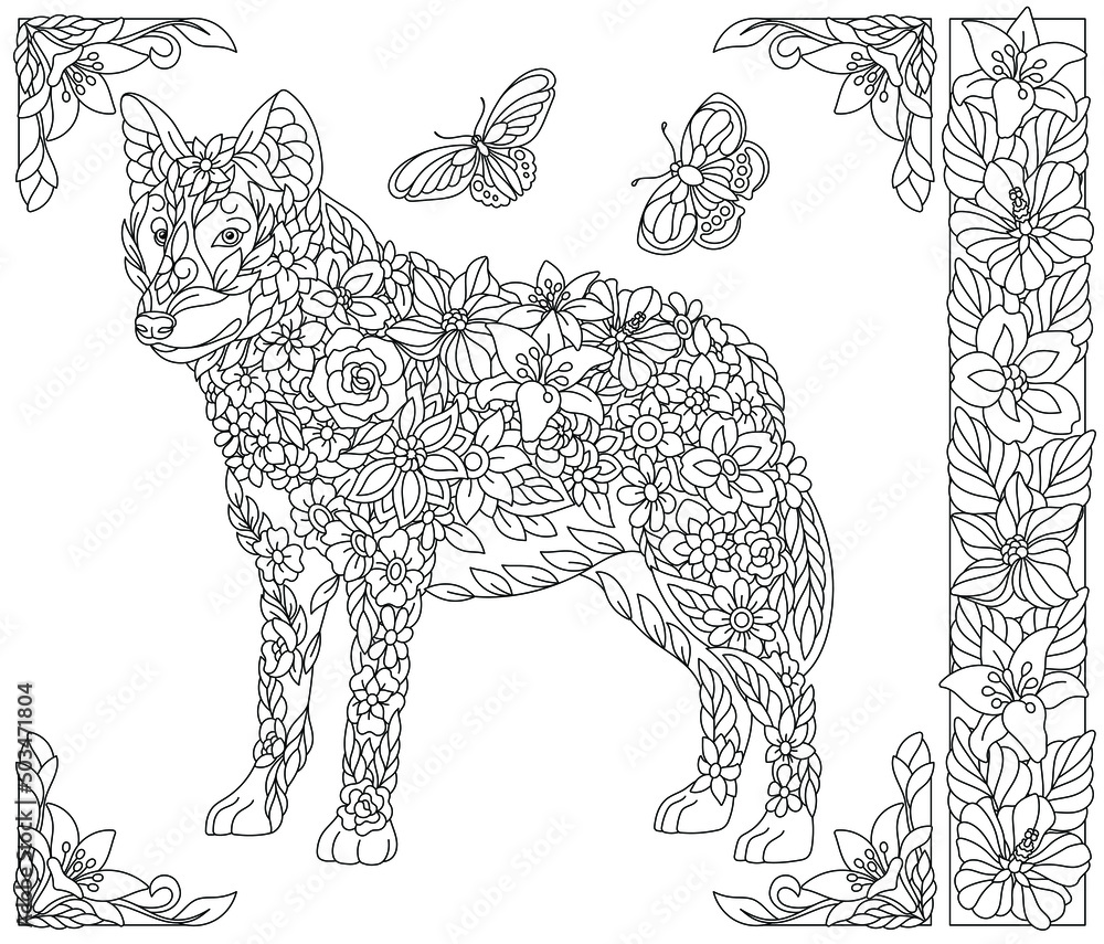 Adult coloring book page. Floral wolf. Ethereal animal consisting of