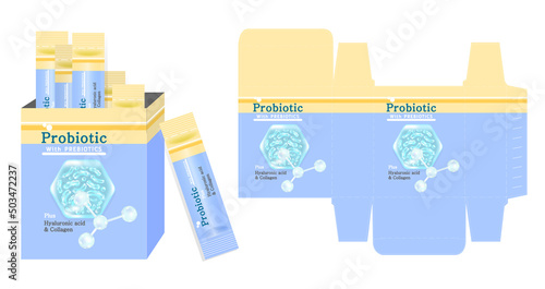 The packaging design of dietary supplement product, probiotic plus hyaluronic acid and collagen concept box template and mockup box, illustration vector.