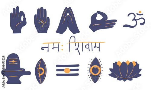 Set of hindu symbols and palms in mudra.