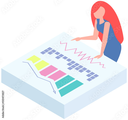 Analytics and development statistics. Web analysis measure, product testing technology. Woman analyses digital report. Statistical indicators and data on diagram. Graphic information visualization