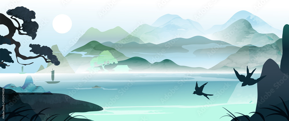 Sea and mountain landscape in chinese style background. Japanese watercolor painting with green hills, trees, Chinese temple, boats, sun, birds Oriental wallpaper design for wall art, print, decor. - obrazy, fototapety, plakaty 