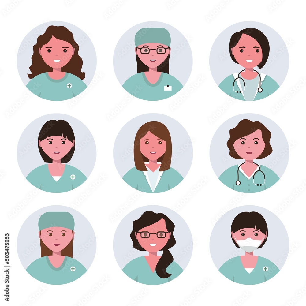 Set of Beautiful Female Doctors. Avatar for Medicine Design. Flat Cartoon style. Set of Beautiful Female Doctors. Avatar for Medicine Design. Flat Cartoon style.