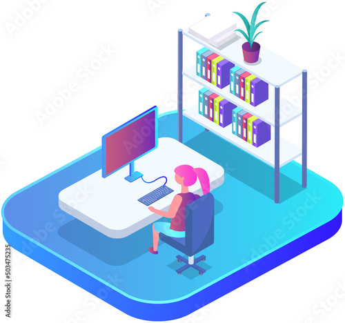 Office workplace. Business woman working with laptop and documents on shelf. Employee working from home, remote job using personal computer for tasks completion. Student studying independently