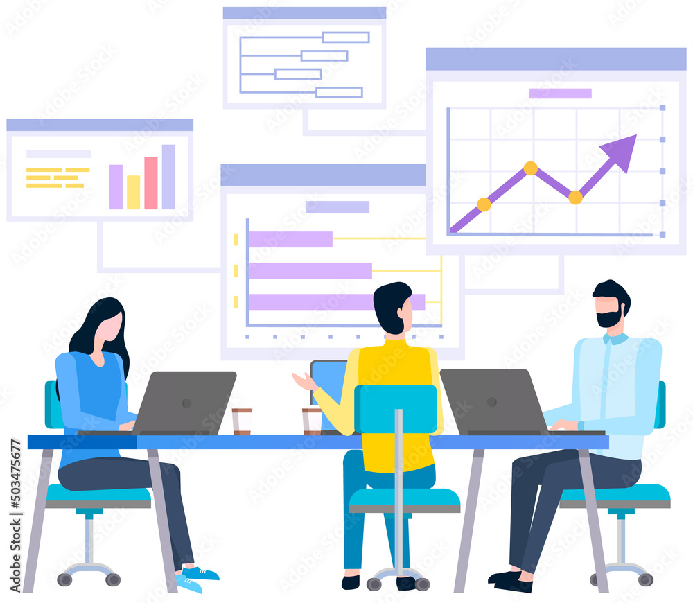 Women analysing diagrams, brainstorming. Marketing research results presentation. Colleagues discuss statistical indicators, business statistics. Female employees work with financial data analysis