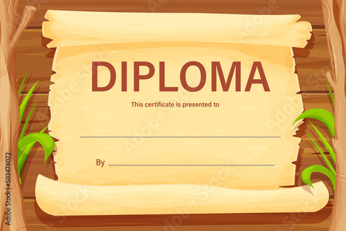 Diploma, child certificate on wooden background with parchment and grass, graduate in cartoon style. 