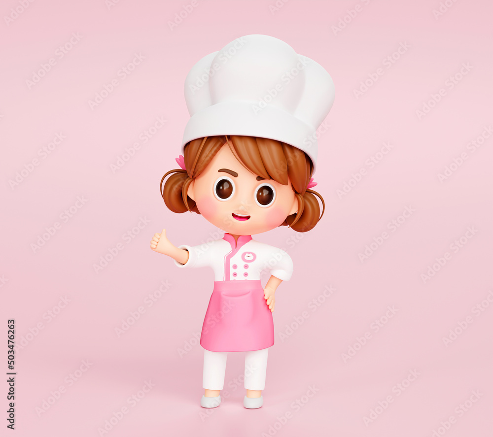 Cute chef girl in uniform showing thumbs up sign restaurant mascot character logo on pink background 3d illustration cartoon Cute chef girl in uniform showing thumbs up sign restaurant mascot character logo on pink background 3d illustration cartoon