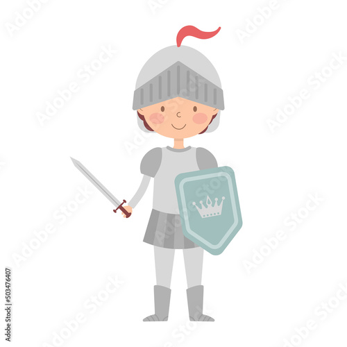 Cute little cartoon knight in armor, with a sword. Isolated on a white background.
