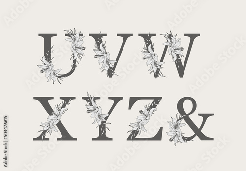 Floral botanical alphabet. Letter with plant and flower. Part 3.