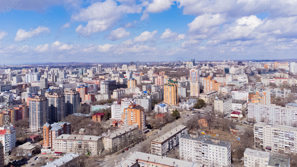 A Russian city from a bird's-eye view. The Russian Far East. Khabarovsk. Early spring. 