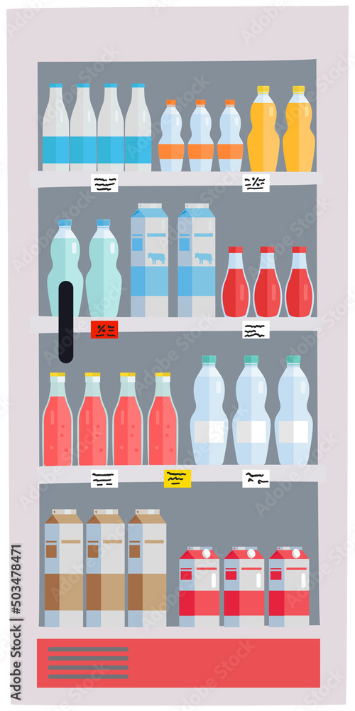 Showcase refrigerator for cool drinks in bottles. Fridge dispenser cooling machine with lemonades and water in plastic and glass containers. Cooling equipment for supermarket, grocery store Showcase refrigerator for cool drinks in bottles. Fridge dispenser cooling machine with lemonades and water in plastic and glass containers. Cooling equipment for supermarket, grocery store