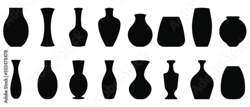 Silhouettes of the vases. Set of different vases. Vector illustration. Black vase icons