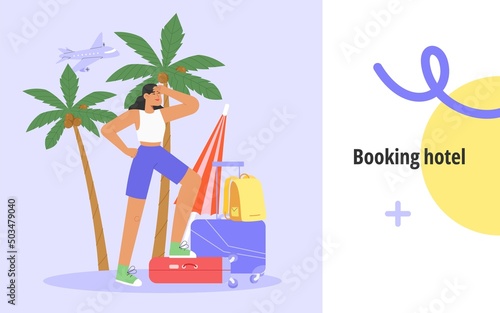 Concept of booking hotel. Young girl is searching hotels for vacation or booking airline tickets. Renting, buying, reservation. Flat vector illustration.