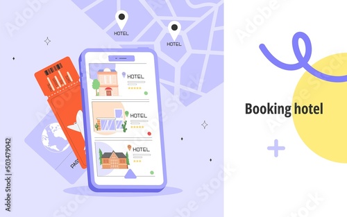 Concept of mobile search or booking hotel. On the phone screen different options for vacation homes or hostels. Renting, buying, reservation.