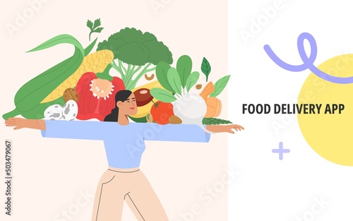 Concept of order food online. Flat vector illustration with dietetic or organic products or balanced nutrition. A young woman uses a mobile app or website to order or delivery.