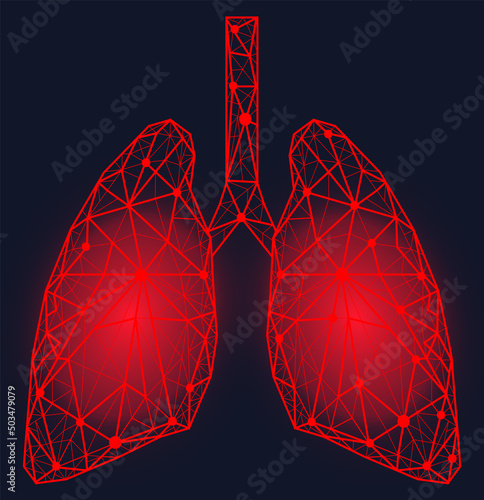 Human lungs surgery operation low poly. Medicine, disease, drug treatment, painful area. Polygonal human lungs with area of pain. Organ of human respiratory system. Bronchitis, pneumonia diagnostics