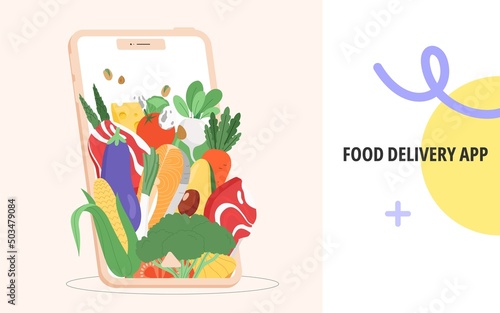 Concept of a mobile application with online order food or food delivery app. Flat vector illustration.
Balanced nutrition, healthy eating, dietetic or organic products.