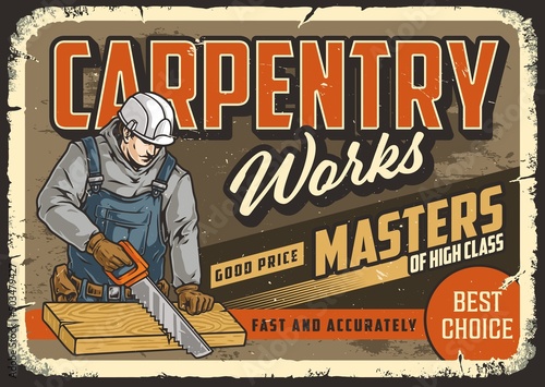 Carpentry worker horizontal vintage poster