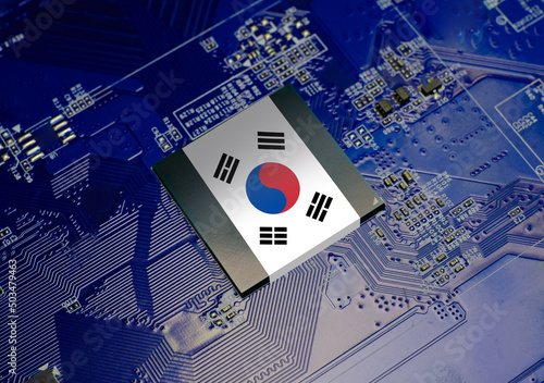 South Korea flag on CPU operating chipset computer electronic circuit board photo