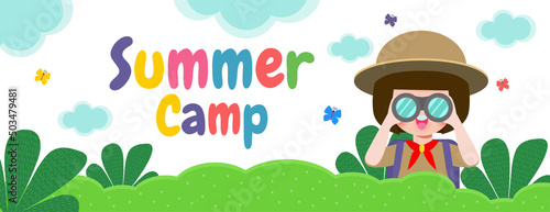 summer camp banner template background kids wear scout honor uniform, education for advertising brochure poster, happy children doing activities on camping, flyer your text , flat Vector Illustration  photo