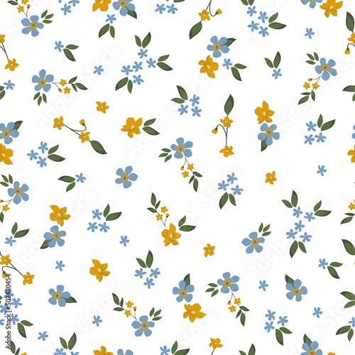 Seamless vintage pattern. Small blue and yellow flowers, green leaves. White background. vector texture. fashionable print for textiles, wallpaper and packaging.