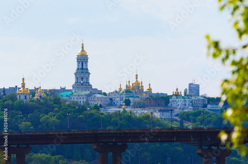 Picturesque spring landscape view of famous Kyiv s hills against sky. Scenic landscape of ancient Kyiv Pechersk Lavra. It is a historic Orthodox Christian monastery. Kyiv  Ukraine