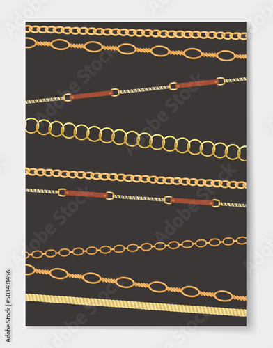 Metal chainlets with variety chain links. Gold, silver, stainless steel necklaces vector illustration isolated on black background. Jewelry from precious metals. For jewelry store ad, fashion concept