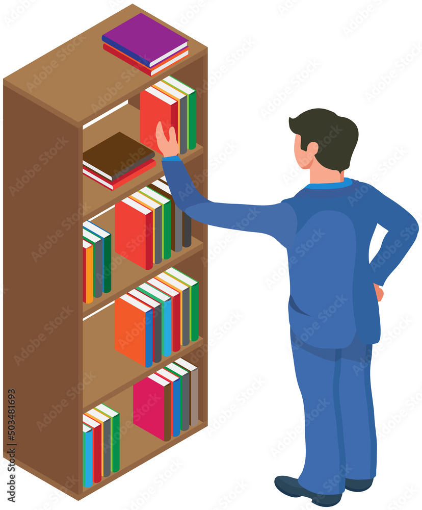 Student taking book at library vector icon bookcase. Male person study at school, college or university reading room. Man at bookstore standing near bookshelf with stacks of books isolated on white Student taking book at library vector icon bookcase. Male person study at school, college or university reading room. Man at bookstore standing near bookshelf with stacks of books isolated on white