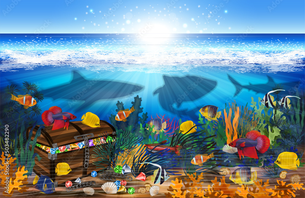 Underwater wallpaper with treasure chest box. vector illustration Stock ...