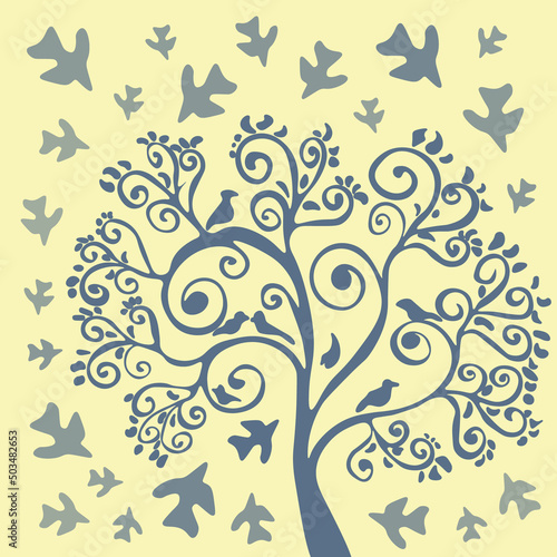 Vector illustration of a stylized tree with birds.