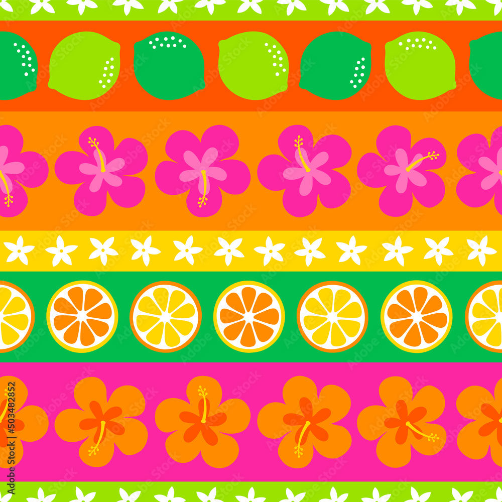 Colorful hibiscus and citrus fruit seamless pattern with striped background for summer holidays concept.
