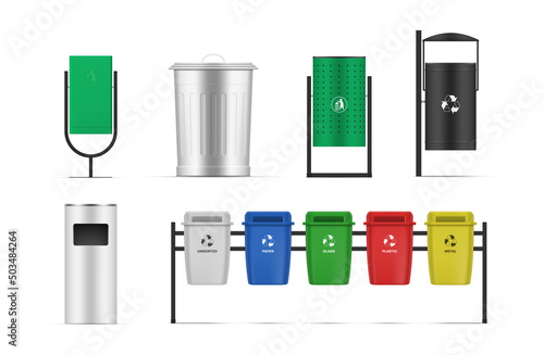 Collection realistic types of street trash cans template vector illustration